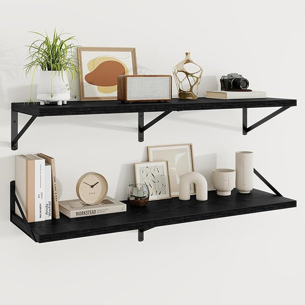 Floating Shelves, 12 Inch Deep Rustic Wood Wall Storage, 48W x 12D Wall Shelves Set of 2, Heavy Duty Metal Brackets, Large Industrial Book Shelf for Living Room, Kitchen, Bedroom, Black