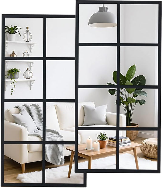 DUMOS Window Pane Mirror Set of 2, 16x32 Inch Rectangle Decorative Wall Mirrors, Black Metal Framed Grid Mirror for Bathroom, Bedroom, Living Room, Entryway, Easy to Install