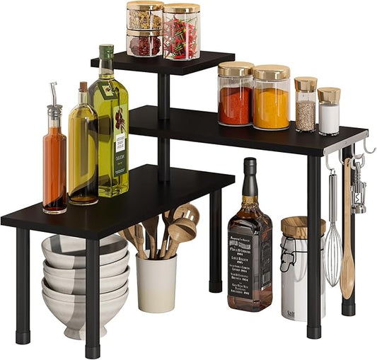 BMOSU Kitchen Corner Shelf Countertop Organizer with Hooks Adjustable Spice Rack Corner Display Rack Shelf Cabinet Counter Shelves(Black)