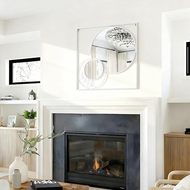 White Circle Wall Mirror, Square Wall Mounted Mirror Set Round Modern Art Decorative Mirrors for Living Room Bathroom 24x24 Inch Decor