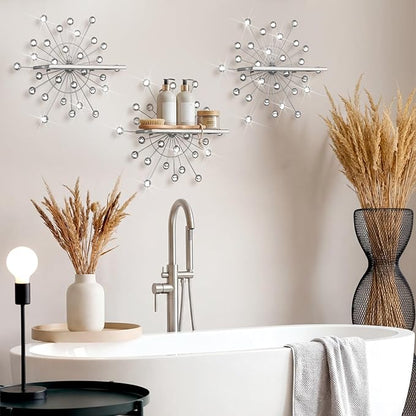 3 Pcs Bling Crystal Floating Shelves Metal Starbursts Wall Decor Folding Shelf Silver Corner Shelves Hanging Wall Mounted for Storage Bedroom Bathroom Living Room Kitchen Office Home Decoration