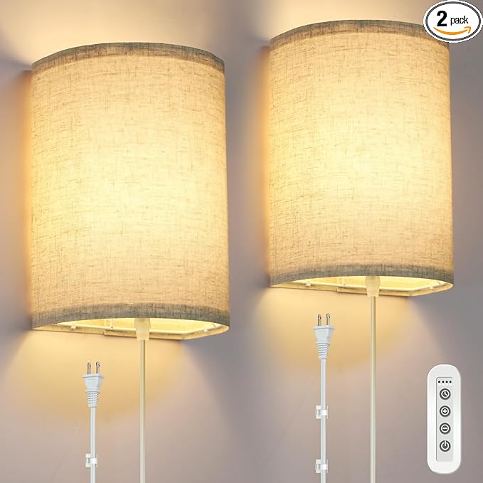 Wall Sconce Light Plug in, Dimmable Sconces Wall Decor Set of 2, Stick on Wall Lights for Bedroom Living Room Hallway, Plug in Wall Sconces with Remote, LED Bulbs Included