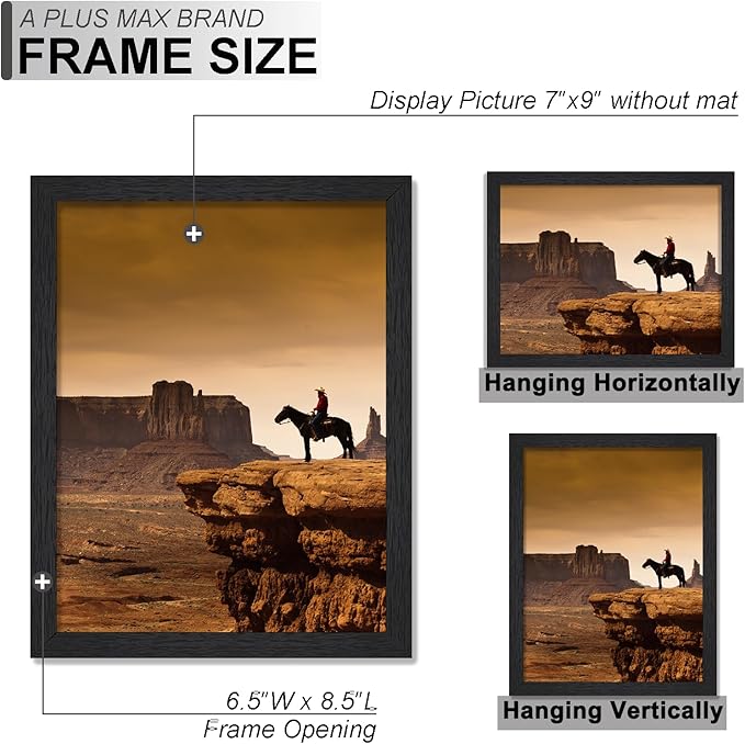 A PLUS MAX 7x9 Picture Frame Set of 6, Black Engineered Wood Frame for 7 x 9 Inch Picture Poster Photo, Light Weight 7 by 9 Frame with Wood-grain for Wall - 6 Pack/Black/7