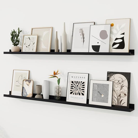 RICHFOCUS Picture Ledge Shelf, 55 inch Floating Shelves Set of 2, Wood Wall Shelves with Lip, Wall Decor Storage for Bedroom Living Room Bathroom Kitchen Nursery Photo Picture, Black