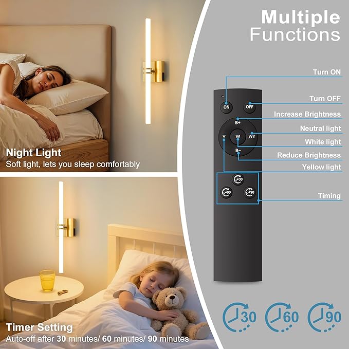 Battery Operated Wall Sconce 1Pack, Gold Rechargeable Wall Lights with Dimmable Remote Control, 22 Inch 3000K-6000K LED Wireless Wall Lamps for Bedroom, Hallway, Background Wall