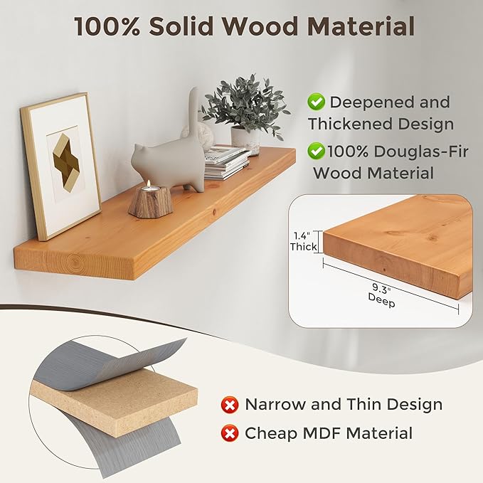 Axeman 48 Inch Floating Shelves for Wall, 9.3" Deep High End Solid Real Wood Wall Shelves with Heavy Duty Invisible Bracket for Living Room, Bedroom, Kitchen, Bathroom, Set of 1, Natural
