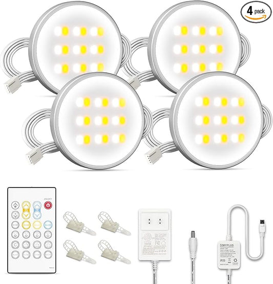 MYPLUS Under Cabinet Lighting with Remote, 4 Packs LED Pucks Lights,390Lm,12V,7.2W,24 Keys Remote Controll with Dimmable and Timing Function Led Lights for Kitchen,Closet,Cabinet,Counter