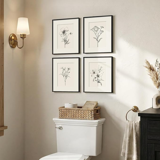 Framed Black and White Botanical Wall Art, Set of 4 Piece Vintage Minimalist Neutral Floral Prints Painting, Farmhouse Rustic Flower Artwork for Bedroom Living Room Fireplace Kitchen Walls, 11x14 Inch