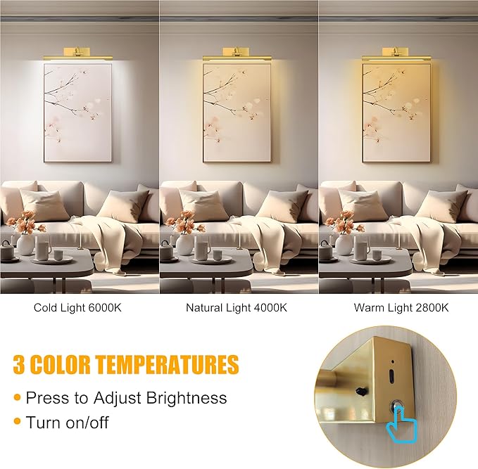 14in Picture Light,Battery Operated Picture Light,Brass,with Remote and Timer,Wall Pictures,Dimmable for Display Photo,Frame,Portrait.