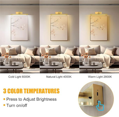 14in Picture Light,Battery Operated Picture Light,Brass,with Remote and Timer,Wall Pictures,Dimmable for Display Photo,Frame,Portrait.