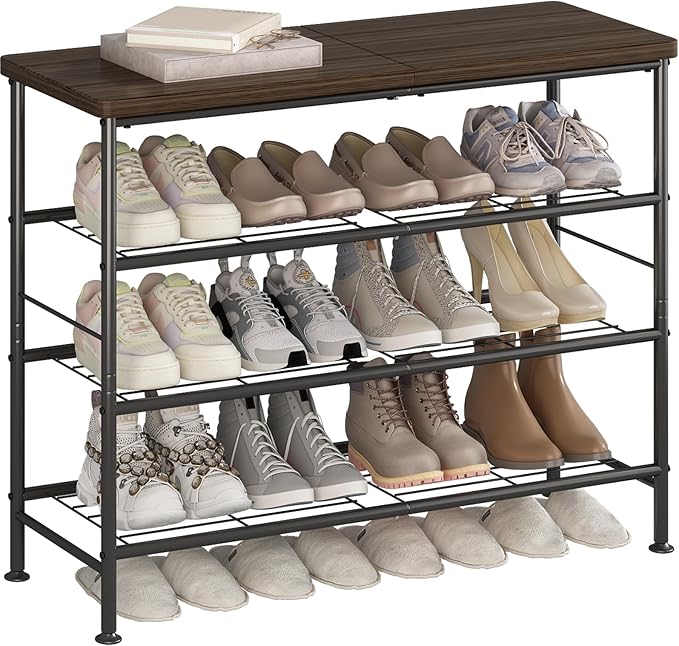 SUOERNUO Shoe Rack Organizer 4 Tier for Closet Entryway Free Standing Metal Storage Shoe Shelf with MDF Top Board，Black