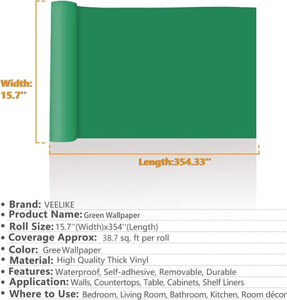 VEELIKE Shamrock Green Peel and Stick Wallpaper Green Contact Paper for Cabinets Shelf Drawers Liners Countertop Renter Friendly Self Adhesive Waterproof Stick on Wallpaper for Bedroom 15.7''x354''