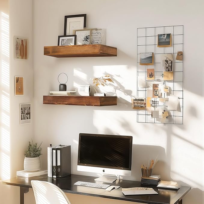 17x6.8x2 Inch Rustic Floating Shelves for Wall Set of 2 - Brown Solid Wood Wall Mounted Shelves with Invisible Bracket, Compact Design for Farmhouse Living Room Bedroom Kitchen Decor