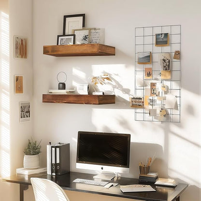17x6.8x2 Inch Rustic Floating Shelves for Wall Set of 2 - Brown Solid Wood Wall Mounted Shelves with Invisible Bracket, Compact Design for Farmhouse Living Room Bedroom Kitchen Decor