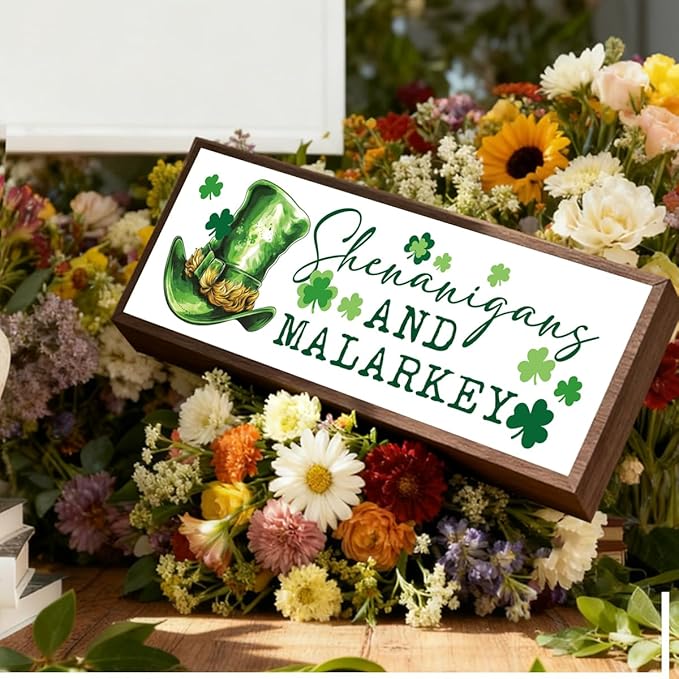 St. Patrick's Day Wooden Table Signs, Shenanigans and Malarkey Sign, Lucky Clover Wooden Block Framed Signs, Desk Decor Art, St. Patrick's Day Themed Decor for Cafe Shop Coffee Bar, 9.5x3.1x1 inches