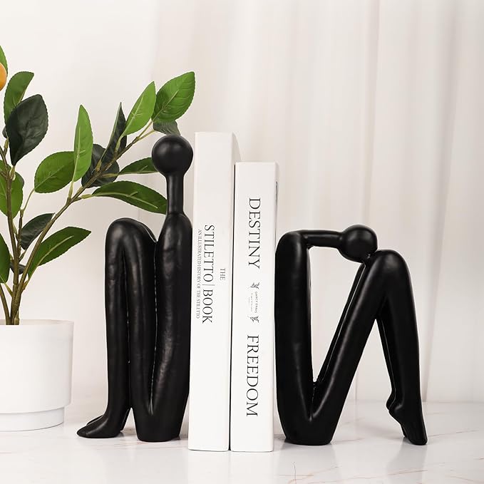 Thinker Cast Iron Bookends, Heavy-Duty Decorative Book End Stoppers for Shelves, Abstract Decor Aesthetic, Smooth Finish Book Holders for Office Decor, 1 Pair/2 Pieces, 9"