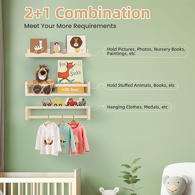 Floating Book Shelves for Wall, 16.5" Natural Wood Nursery Shelves for Book Storage, Solid Pine Wooden Floating Wall Bookshelf for Bedroom Living Room, Set of 2+1, Unfurnished - DIY