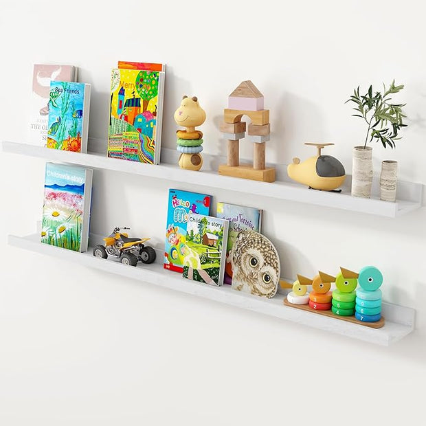 Axeman Oak Picture Ledge Shelf, 48 Inch Floating Shelves Set of 2, Solid Oak Wood Wall Shelves with Lip, Wall Decor Storage for Bedroom Living Room Bathroom Kitchen Nursery Photo Picture, White
