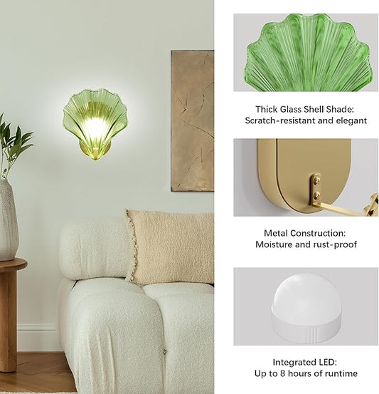 Vintage Battery Operated Wall Sconces with Remote, Green Rechargeable Wireless Wall Sconces with Magnetic LED Bulbs, Indoor Shell Shaped Wall Lights for Living Room, Bedroom, Doorway, Set of 2