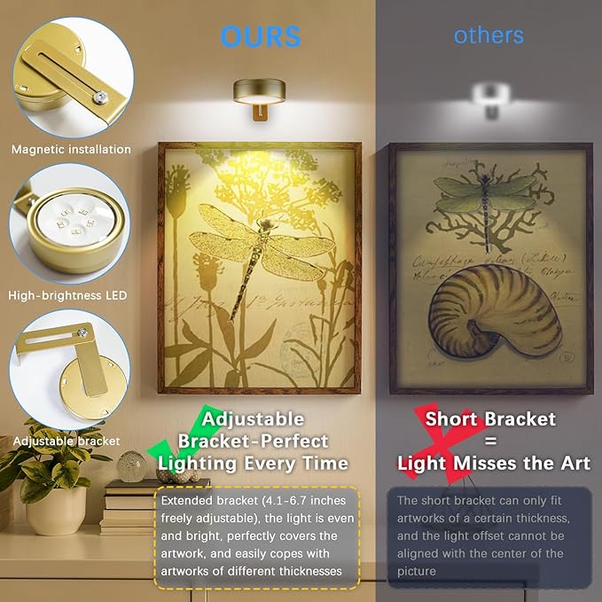 2 Pack Gold Picture Lights for Wall Battery Operated, 12 RGB Color Changing Led Wall Art Light, Magnetic Painting Light with Remote Control, Art Gallery Lights Photo Sconce for Art Display