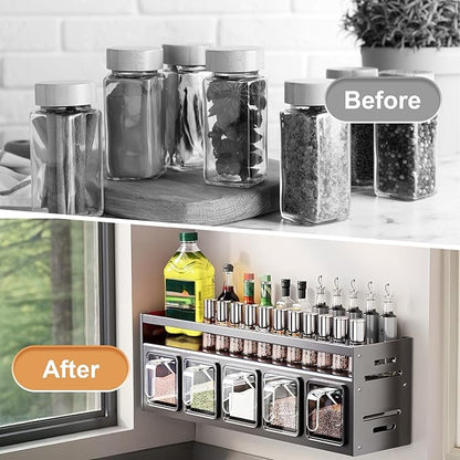 Kitchen Spice Rack, Kitchen Organizer and Storage Rack with 5 Spoons, Spice Organization for Cabinets Punch-free Wall/Countertop Home Decor Multifunctional Double Layer 5 Grid Condiment Rack, Gray