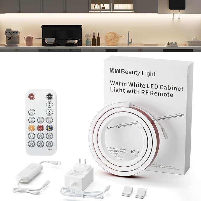 MY BEAUTY LIGHT Bright Silicone LED Under Cabinet Lights, 3.8ft Plug-in 4000K 950lm Warm White Dimmable Under Cabinet Lighting Strip with RF Remote for Kitchen, Under Counter, Bedroom, Bathroom Decor