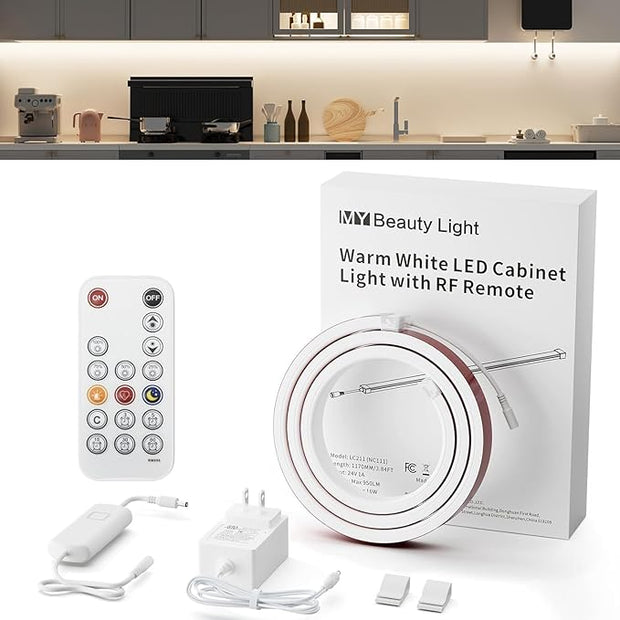 MY BEAUTY LIGHT Bright Silicone LED Under Cabinet Lights, 3.8ft Plug-in 4000K 950lm Warm White Dimmable Under Cabinet Lighting Strip with RF Remote for Kitchen, Under Counter, Bedroom, Bathroom Decor