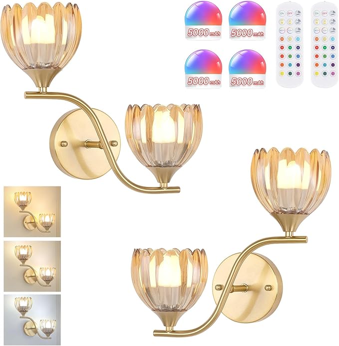 Battery Operated Wall Sconce, 2-Lights Vinatge Brass Wall Lighting with Amber Tluip Shade Rechargeable Bulb with Remote for Living Room, Bedroom，Symmetrical 2 Pack