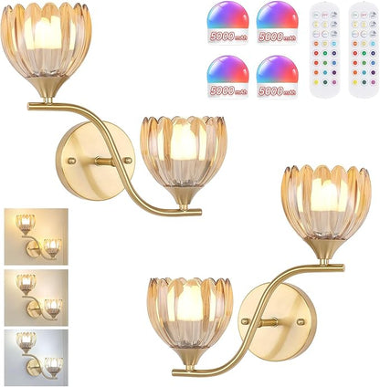 Battery Operated Wall Sconce, 2-Lights Vinatge Brass Wall Lighting with Amber Tluip Shade Rechargeable Bulb with Remote for Living Room, Bedroom，Symmetrical 2 Pack