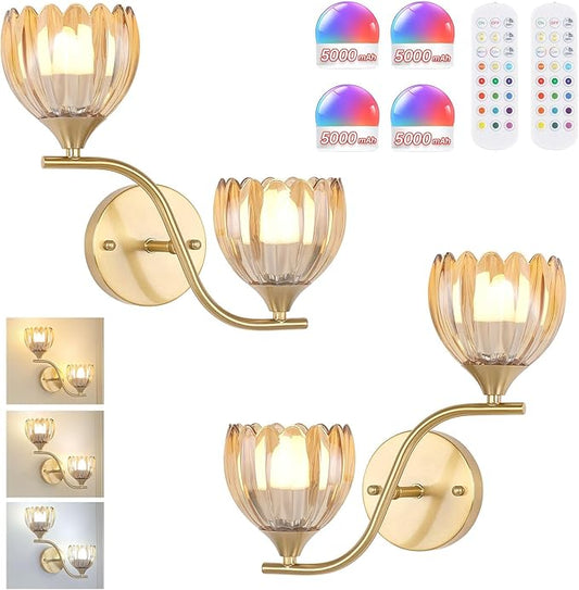 Battery Operated Wall Sconce, 2-Lights Vinatge Brass Wall Lighting with Amber Tluip Shade Rechargeable Bulb with Remote for Living Room, Bedroom，Symmetrical 2 Pack