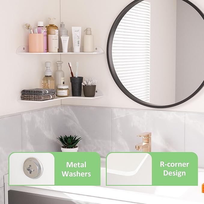 8x11.8 Inch Corner Shelf Wall Mount Set of 2, White Acrylic Corner Floating Shelves, Wall Organizer Shelf for Bathroom, Kitchen, Bedroom, Living Room, Dining Room, Office
