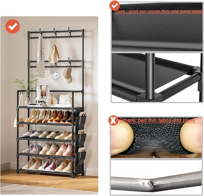 Shoe Rack 5 Tier Shoe Organizer Storage 15-20 Pairs Shoes Rack for Closet Entrance Shoe Rack Organizer with Hooks and Side Pocket Entryway Shoe Holder Space Saving Free Standing Shoe Racks