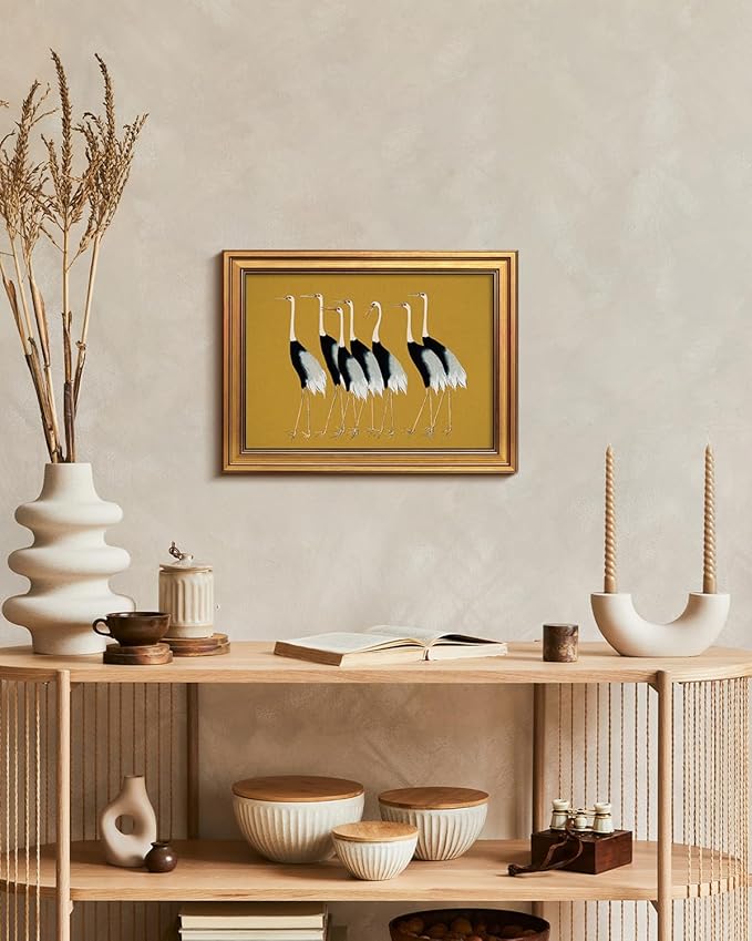 HUARCEY Gold Framed Vintage Wall Art for Living Room, Animals Painting Prints Shelf Decor for Kitchen, Aesthetic Bedroom Wall Art Decor, Christmas Gifts for Friends or Family (Seven Cranes 12