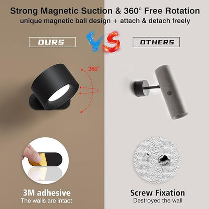 LED Reading Lights, Wall Mounted Sconces with 3 Color Temperatures & 3 Brightness Levels, Rechargeable Battery Operated Touch Control 360° Magnetic Ball for Study Bedside Bedroom