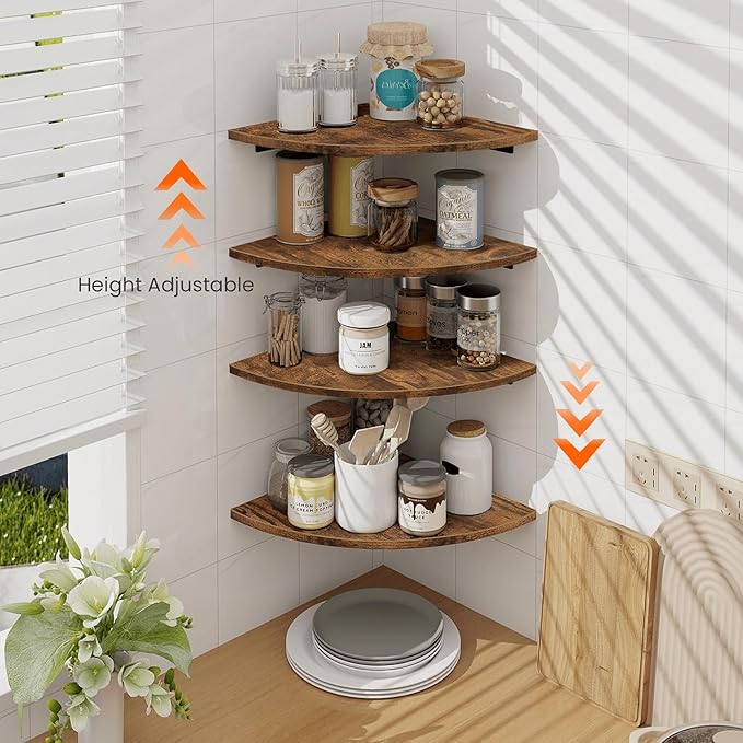 Homode Corner Wall Shelf, 12 Inch Wide Round Corner Floating Shelves with Cord Hole, Set of 4 Wooden Hanging Storage Shelving for Bathroom Living Room Small Spaces, Rustic Brown