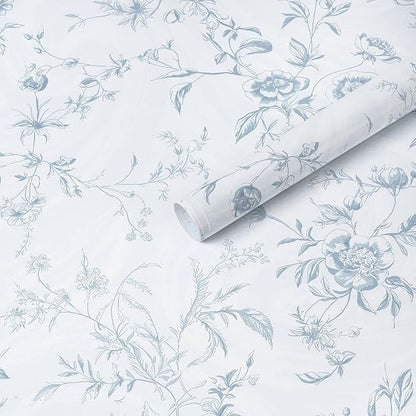 Ismoon Blue Wallpaper Peel and Stick Floral Vintage Stick on Wall Paper French Textured Contact Paper for Cabinet Removable Self Adhesive Wallpaper Vinyl Roll Shelf Deco, 17.3x393in