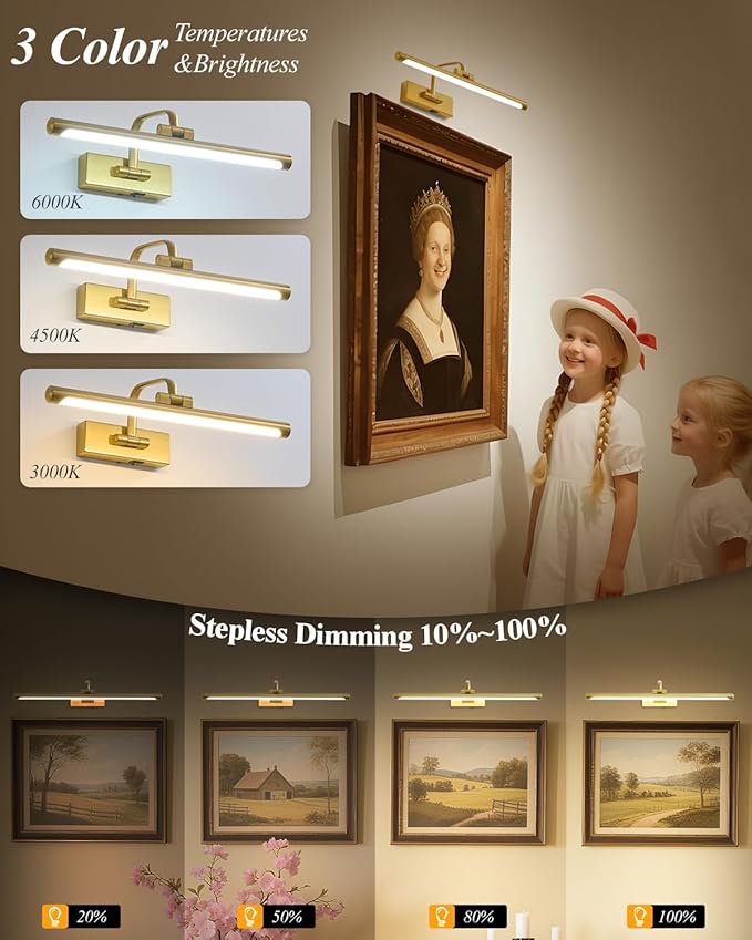 Wireless Picture Light for Wall, Rechargeable Light for Pictures with Remote & Timer, 16 Inch Dimmable Gold Art Light for Paintings, Battery Operated LED Wall Light with 3CCT for Gallery