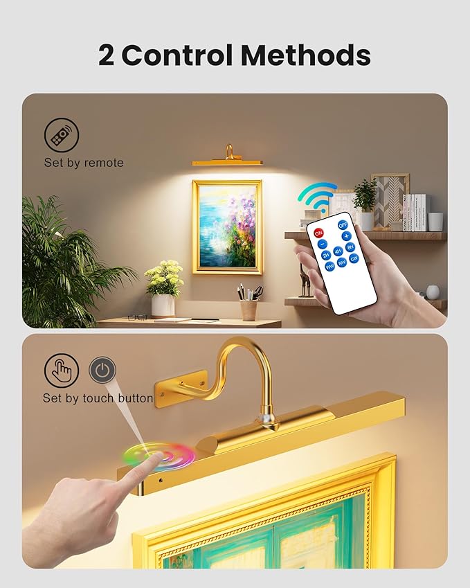 Picture Light Gold 2Pack, 5000mAh Battery Opertated Cordless Picture Lights for Wall, 16in CCT Dimmable with Touch Control for Wall Painting,Frame, Portrait, Dartboard