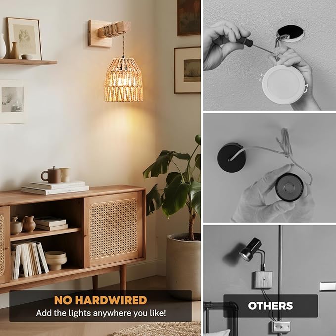 Rattan Wall Sconce, Battery Operated Wall Sconce, Rechargeable Sconces Set of 2 with 13000mAh Bulbs, Boho Wireless Battery Powered Lamp/Lights for Bedroom (Wood)