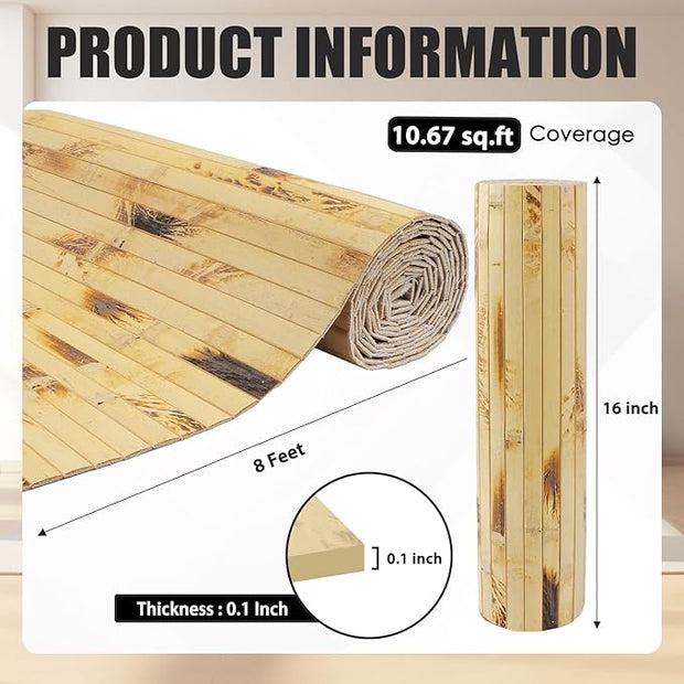FONUNO Bamboo Wall Panel for Interior Decoration Bamboo Pole Wrap Roll Natural Wainscoting Paneling Decorative Wall Slat Covering for Living Room, Bedroom, Office (16 Inch x 96 Inch, Light Burned)