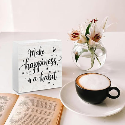 Inspirational Gifts for Women, Inspirational Wood Decor Make Happiness A Habit Wood Box Sign, Motivational Desk Decorative Signs for Home Office Table Shelf Cubicle