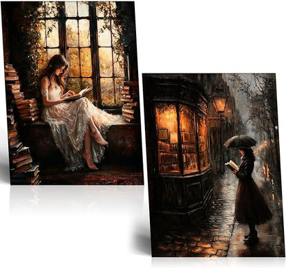 NCYEL 2Pcs Dark Academy Canvas Wall Art Painting Book Reading Print Vintage Style Drawing Gothic Poster Girl Street Scene Picture Library Study Bedroom Decor Literature Gallery 16x24 Inch Unframed