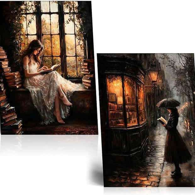 NCYEL 2Pcs Dark Academy Canvas Wall Art Painting Book Reading Print Vintage Style Drawing Gothic Poster Girl Street Scene Picture Library Study Bedroom Decor Literature Gallery 16x24 Inch Unframed