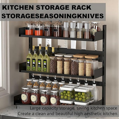 3-Tier Spice Rack Organizer with Knife Holder, Black Metal Counter Storage Shelf, 15.75x15.5x6.69 Inch, Adjustable Height, Detachable Design