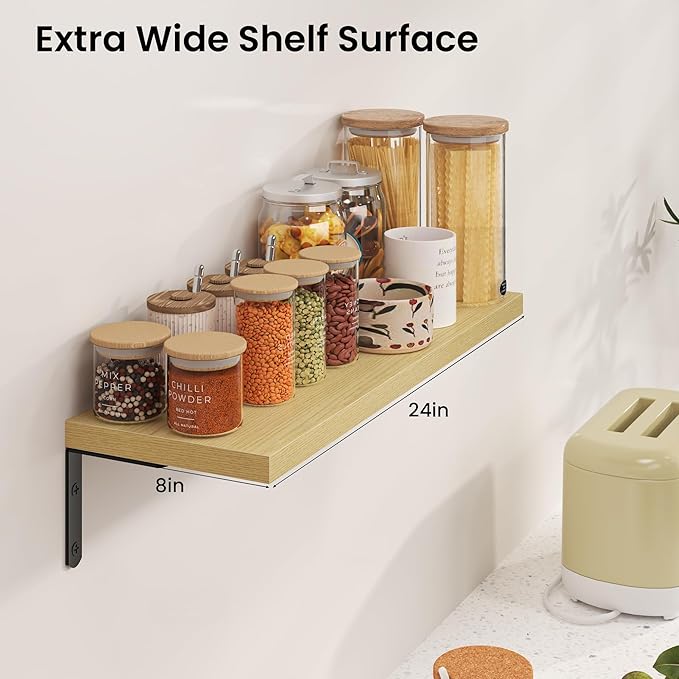 Marsmiles Extra Wide Floating Shelves for Wall, 24x8 Inch Natural Wood Grain Bookshelves, Heavy Duty Mounted Shelving for Bathroom, Kitchen, Living Room, Bedroom,Set of 2，Oak