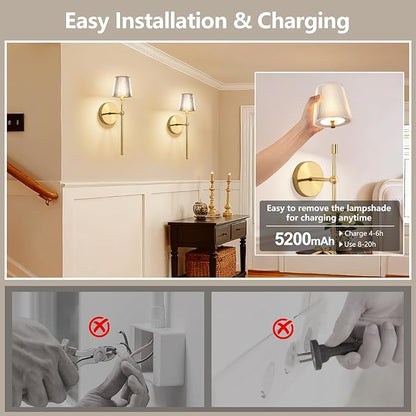 Kimjo Battery Operated Wall Sconce Set of 2, 5200mAh Rechargeable Wireless Wall Sconces Lights with Dimmable Timer Remote, Cordless Gold Wall Light for Bedroom Living Room Hallway Decor