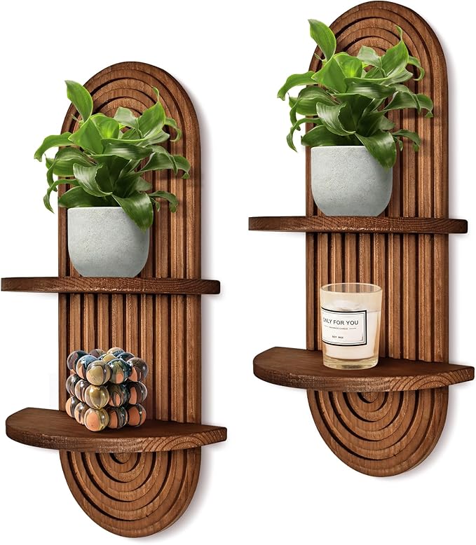 2 Pieces Boho Wall Shelf, Mid Century Shelves, Double Shelves, Decorative Bohemian Rainbow Hanging Shelves for Bathroom, Bedroom, Kitchen, Living Room, Laundry Room (Coffee Color)