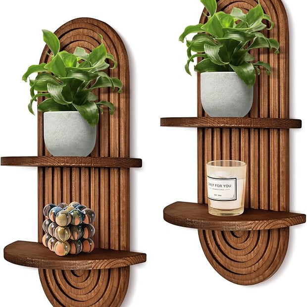 2 Pieces Boho Wall Shelf, Mid Century Shelves, Double Shelves, Decorative Bohemian Rainbow Hanging Shelves for Bathroom, Bedroom, Kitchen, Living Room, Laundry Room (Coffee Color)