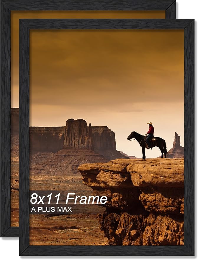 A PLUS MAX 8x11 Picture Frame Set of 2, Black Engineered Wood Frame for 8 x 11 Inch Picture Poster Photo, Light Weight 8 by 11 Frame with Wood-grain for Wall - 2 Pack/Black/8"x11"