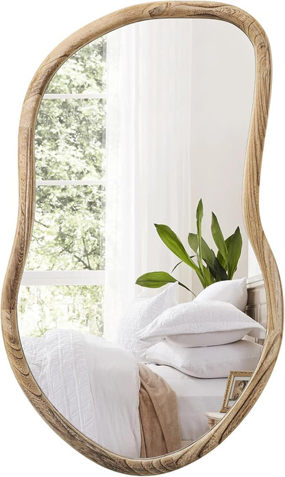Irregular Wall Mirror Wood Asymmetrical Mirror Large Bathroom Vanity Mirrors Natural Wood Framed Abstract Mirrors for Wall Living Room Bedroom Decorative